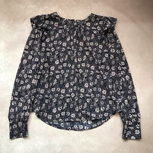 NWOT Evereve Floral Blouse Boho Cottagecore Festival Navy Blue Beige Ruffle S